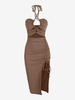 Robe Côtelée Croisée Découpée à Col Halter L Café