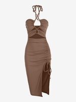 Robe Côtelée Croisée Découpée à Col Halter L Café