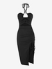 Robe Côtelée Croisée Découpée à Col Halter L Noir