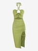Robe Côtelée Croisée Découpée à Col Halter L Vert