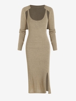 Robe Débardeur Tricotée Ajourée à Fente Latérale à Manches Raglan avec Boléro Court L Café