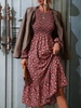 Robe Décontractée Elégante Fleurie à Manches Longues M Rouge foncé