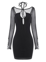 Robe Découpée Croisée en Maille Transparente à Manches Fendues S Noir