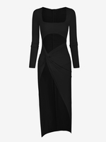 Robe Découpée Tordue à Manches Longues à Fente Élevée M Noir