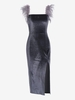 Robe de Bal Mi-longue Fendue Plume en Velours M Gris