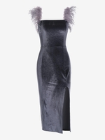 Robe de Bal Mi-longue Fendue Plume en Velours M Gris