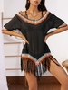 Robe de Cache-maillot de Plage Au Crochet en Couleur Contrastée à Frange Taille unique Noir