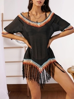 Robe de Cache-maillot de Plage Au Crochet en Couleur Contrastée à Frange Taille unique Noir