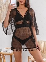 Robe de Cache-maillot en Dentelle à Manches Chauve-souris à Frange S Noir