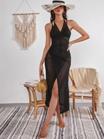 Robe de Cache-maillot Fendue Longue en Maille Transparente Taille unique Noir