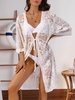 Robe de Cache-maillot Kimono de Plage en Dentelle Transparente à Taille Nouée Taille unique Blanc