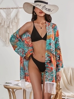 Robe de Cache-maillot Ouverte en Avant à Imprimé Feuille à Frange Taille unique
