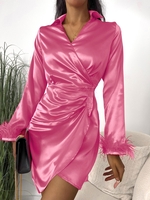Robe de Chemise Ceinturée à Frange en Satin L Rouge