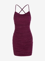 Robe de Club Brillante Croisée à Dos Nu à Col Bénitier avec Strass L Rouge