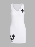 Robe de Débardeur Côtelé Croisé Brodé à Col Cranté M Blanc