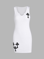 Robe de Débardeur Côtelé Croisé Brodé à Col Cranté S Blanc