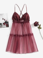 Robe de Nuit Croisée en Maille Transparente en Satin Au Dos Ouvert M Rouge