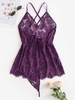 Robe de Nuit Nuisette Lingerie en Dentelle Transparente avec Culotte en T-String Xl Pourpre