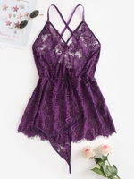 Robe de Nuit Nuisette Lingerie en Dentelle Transparente avec Culotte en T-String Xl Pourpre