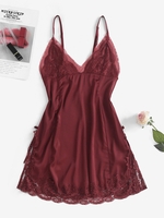 Robe de Nuit Panneau en Dentelle en Satin S Rouge foncé