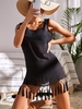 Robe de Plage à Epaule Nouée à Frange S Noir