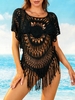 Robe de Plage Au Crochet à Manches Chauve-souris à Frange Taille unique Noir