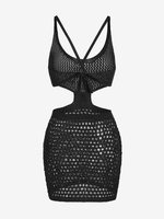 Robe de Plage Tricotée Ajourée Croisée Découpée Transparente M Noir
