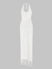 Robe de Plage Tricotée Frangée à Col Halter à Dos Nu S Blanc