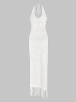 Robe de Plage Tricotée Frangée à Col Halter à Dos Nu S Blanc