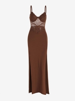 Robe de Soirée à Bretelle Moulante Panneau en Dentelle Transparente à Fente Haute M Café