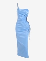 Robe de Soirée Ajustée Découpée à Fente Haute à Une Epaule en Satin S Bleu