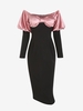 Robe de Soirée Ajustée Soyeuse Matelassée Panneau en Blocs de Couleurs Epaule Dénudée à Manches Gigot S Noir