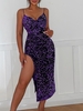 Robe de Soirée Brillante Fendue en Velours à Paillettes M Pourpre