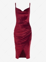 Robe de Soirée Fendue en Avant Drapée en Velours à Bretelle M Rouge