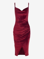 Robe de Soirée Fendue en Avant Drapée en Velours à Bretelle Xl Rouge
