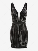 Robe de Soirée Fourreau en Velours avec Fausse Perle et Strass S Noir