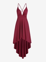 Robe de Soirée Haute-Bas Plongeante à Lacets L Rouge foncé