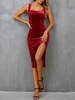 Robe de Soirée Mi-longue en Velours à Fente S Rouge foncé