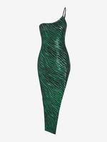 Robe de Soirée Mi-Longue Rayée Zèbre à Une Epaule à Paillettes S Vert