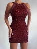 Robe de Soirée Moulante Perlée avec Chaîne à Paillette L Rouge foncé