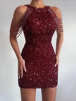 Robe de Soirée Moulante Perlée avec Chaîne à Paillette L Rouge foncé