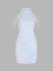 Robe de Soirée Moulante Perlée avec Chaîne à Paillette M Blanc