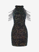Robe de Soirée Moulante Perlée avec Chaîne à Paillette M Noir