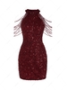 Robe de Soirée Moulante Perlée avec Chaîne à Paillette M Rouge foncé