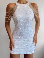 Robe de Soirée Moulante Perlée avec Chaîne à Paillette S Blanc