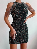 Robe de Soirée Moulante Perlée avec Chaîne à Paillette Xl Noir