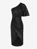 Robe de Soirée Plissée à Une Epaule à Paillettes à Ourlet Tulipe M Noir