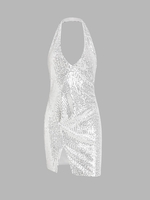 Robe de Soirée Plissée Fendue à Paillette S Argent