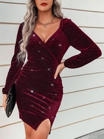 Robe de Soirée Superposée Métallisée Fendue en Avant en Velours à Paillette S Rouge foncé