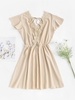 Robe en Dentelle à Dos Nu à Col en V en Couleur Unie M Café lumière